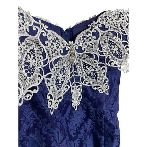 80s Scott McClintock Blue Jacquard Off Shoulder Wide Lace Wiggle Dress Size 8 - Picture 2 of 4